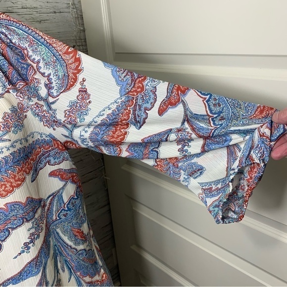 Chaps Boho White Blue Floral Tunic Blouse Flowy Round Neck Balloon Sleeves Sz L - Picture 5 of 11